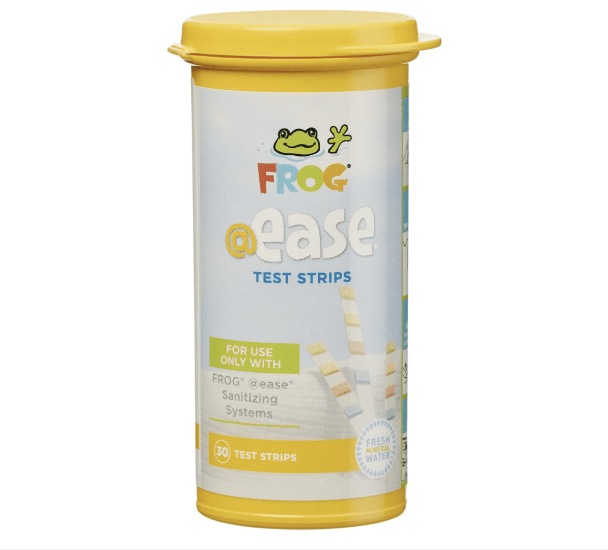 A container of FROG @ease Test Strips for Hot Tubs for use only with FROG @ease In-Line and Floating Sanitizing Systems for Spas up to 600 gallons, Measures low levels of Chlorine, Quick and Easy Test Strips on a white background.